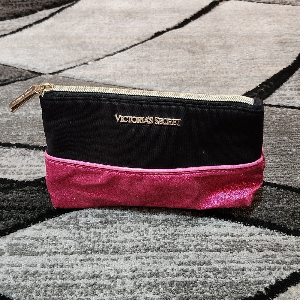 VINTAGE VICTORIA SECRET BLACK CANVAS GLITTER SHINE LOGO COSMETIC ORGANIZER BAG